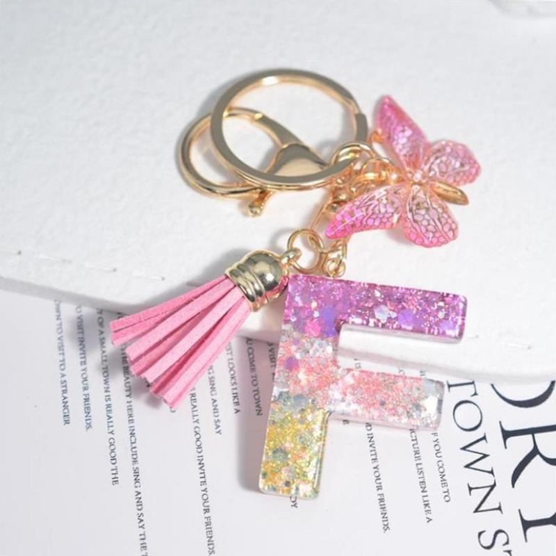 Fashion 26 English A-Z Initial Letter Resin Keychain Cute Butterfly Tassel Keyring Backpack Charm Pendent Accessories Gift