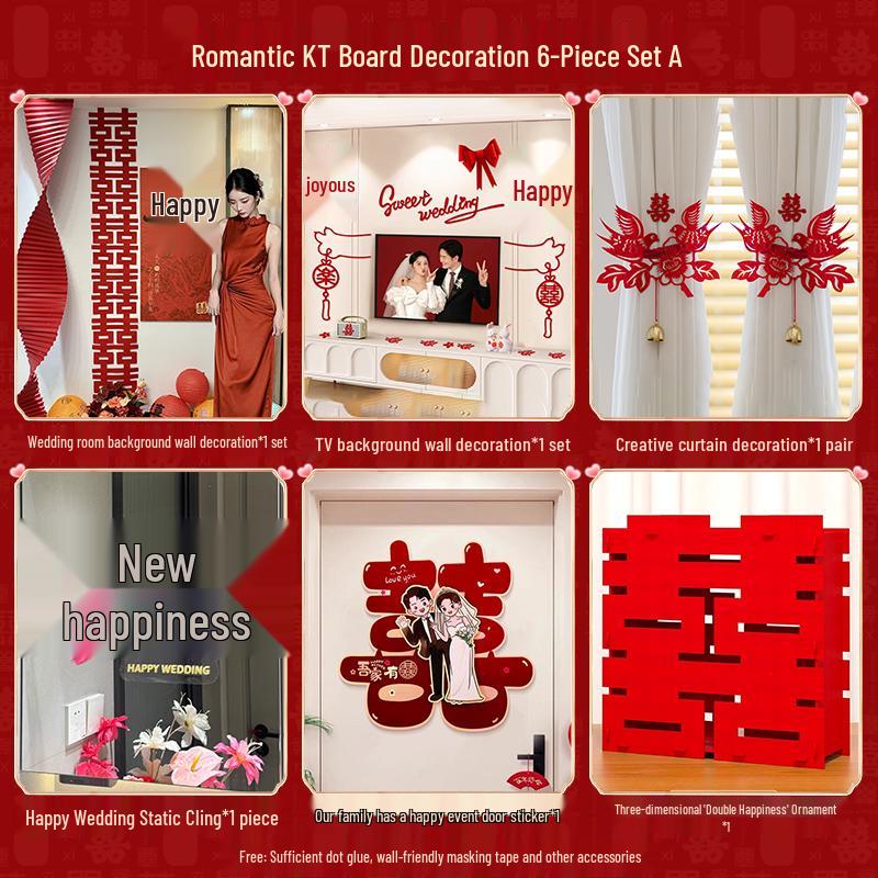 Wedding Room Décor Set: Bride & Groom's Background Wall with Double Happiness Decor