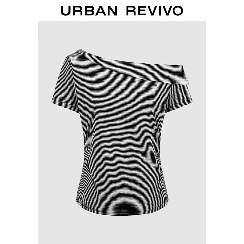 UR 2025 Autumn Women s Color Block Stripe Slanted Collar Short T-shirt S