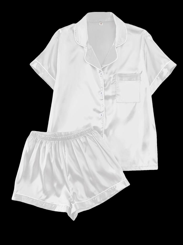 European Summer Ice Silk Pajama Set: Casual, Solid Color, Short Sleeve & Shorts, Breathable Comfort.