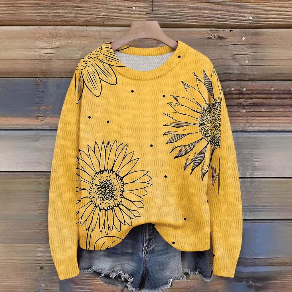 Long Sleeve Pullover Sweaters For Women O Neck Casual Cute Printing Knit Oversized Sweater