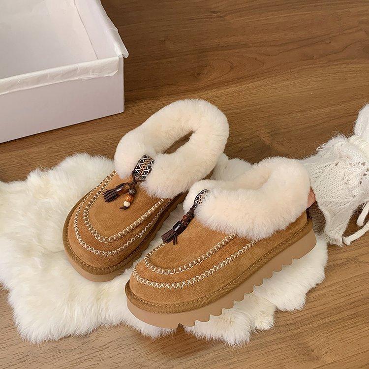 [Rindslederversion] Neue Version~ Handgenähte Dicksohlige Baotou Woll-Loafer Hausschuhe Damen Schneestiefel