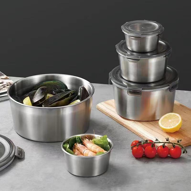 304 Stainless Steel Fresh-Keeping Box Refrigerator Round Food Storage Containers With Lid Kitchen Sealed Leakproof Lunch Box