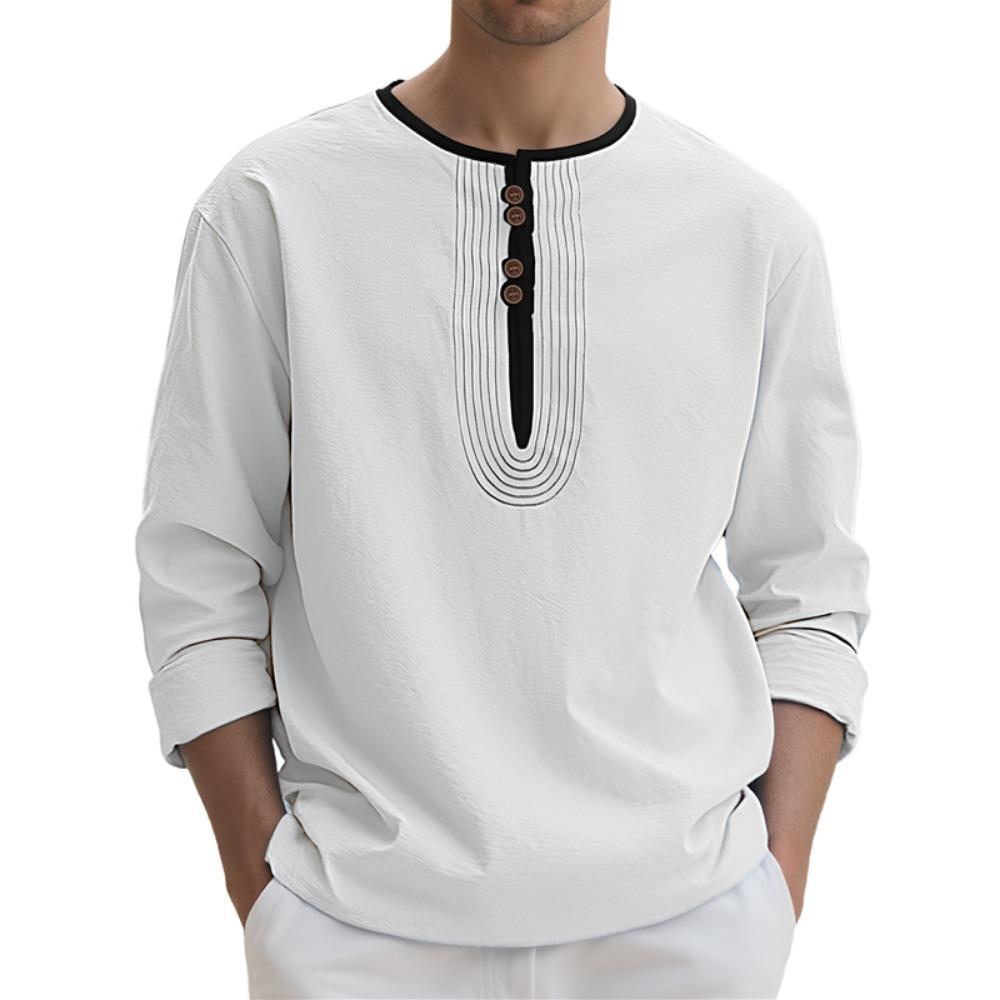 Pánské módní tričko s límečkem henley 95% len s dlouhým rukávem podzimní volné ležérní prošívané tričko pánské oblečení