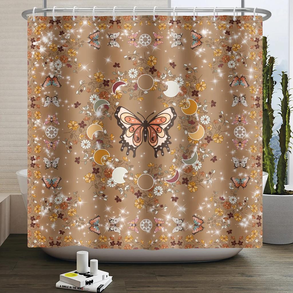 Moth Shower Curtain Moon Phase Butterfly Mushroom Psychedelic Tarot Gothic Shower Curtain for Bathroom Waterproof Bath Curtain