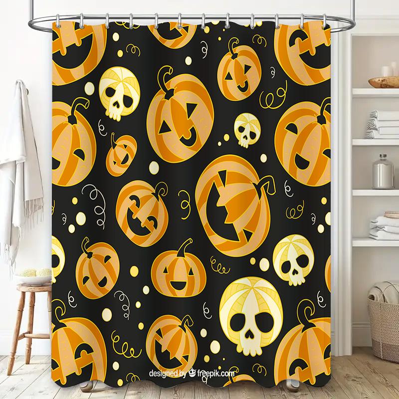 Spooky Halloween DecorPumpkin Jack Skellington Skull Shining In the Dark Bat Waving Curtain Set for Your Bathroom Decoration