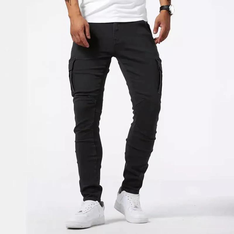 

Men Casual Pencil Jeans Male Elastic Multi Pocket Small Slim High Street Denim Pants Wash Solid Color Mid Waist Cargo Jeans XXL чорний