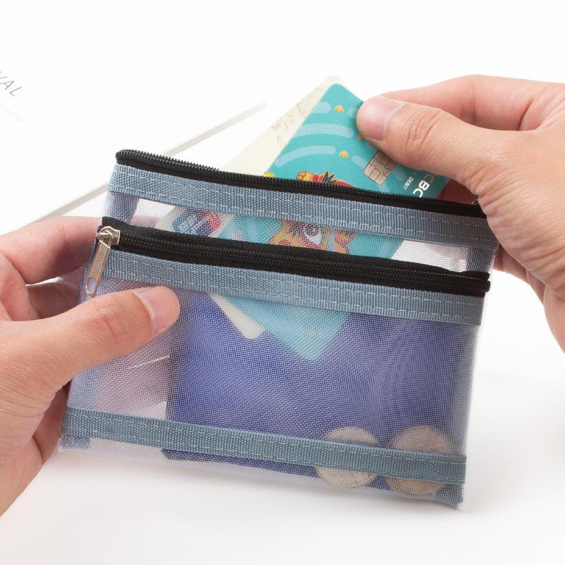 Double Layer Zipper Coin Bag Nylon Mesh Lipstick Key Earphone Organizer Holder Bus Bank ID Credit Cards Pouch Case Storage