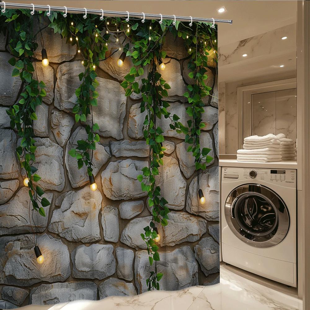 Rustic Stone Wall Shower Curtain Green Vines String Lights Nature Garden Design Cozy Bathroom Decor Waterproof Elevate Space
