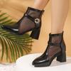 Crystal Buckle Block Heel Mesh Boots Spring Summer New Pointed Toe Paneled Mesh Breathable Plus Size High Heel Sandals