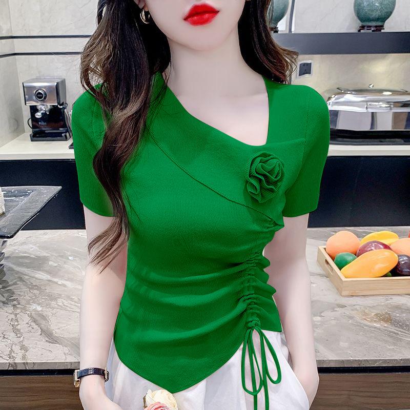 Flower Short-sleeved T-shirt Summer Women's Outfit Irregular Folds Slim-fitting Knitted Top