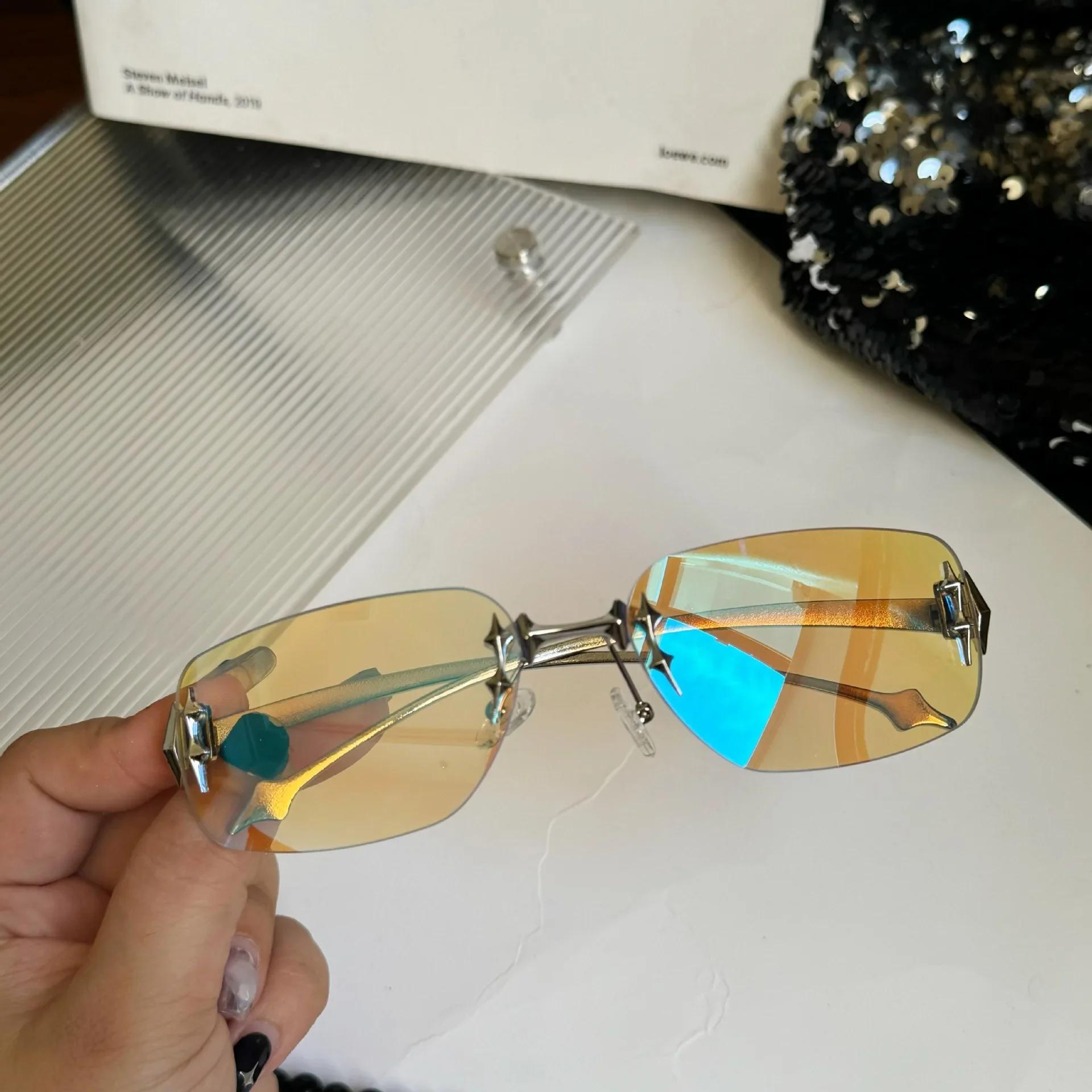 

Vintage Rimless Square Sunglasses Women For Men Luxury Brand Designer Sun Glasses Punk Popular Hip Hop Rivet Star Shades Uv 1PC