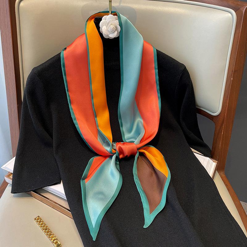 New Color-blocked Little Silk Scarf for Women, Early Autumn Fashionable Imitation Silk Decorative Mini Scarf, Vintage Color Headband