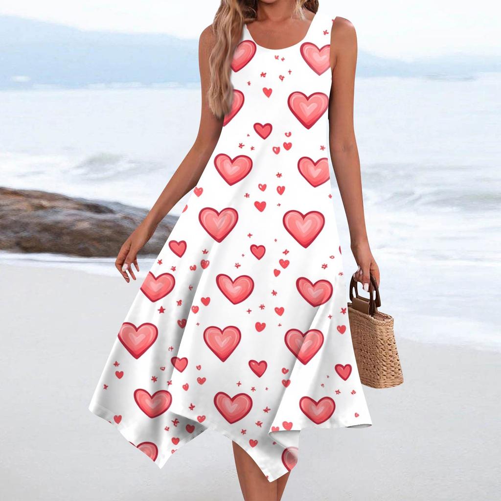 Women's Casual Fashion Round Neck Sleeveless Print Irregular Hem Midi Dress