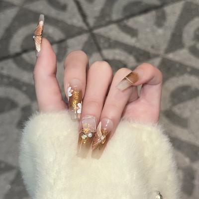 Hand-woven Armor High-end Atmosphere and Ice-transparent Butterfly Manicure Finished Blush Gold Foil Nail Sheet Sugar Diamond Fake Nail