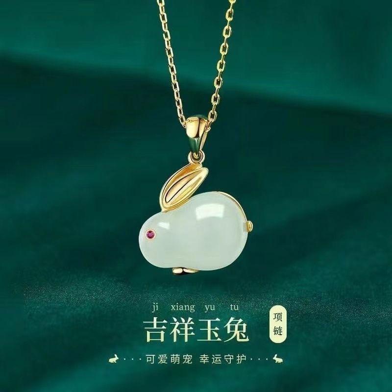Chinese style Jade Rabbit bracelet female necklace cute rabbit stud earrings set Internet celebrity bunny earrings for girlfriends