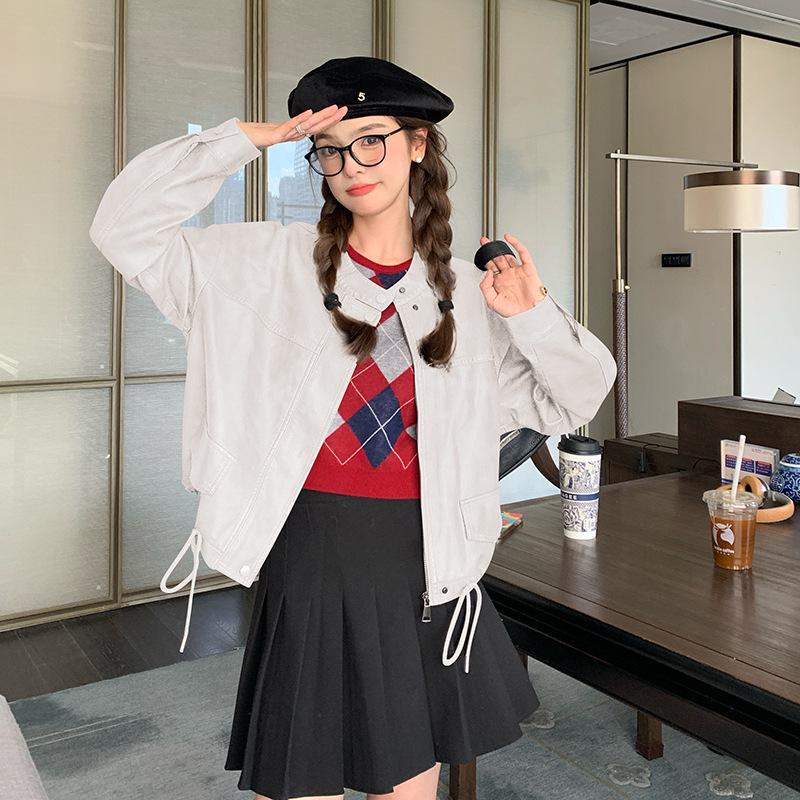American Retro Casual PU Leather Drawstring Jacket - Autumn 2024, Small Size, Loose Fit, Age-Reducing Design