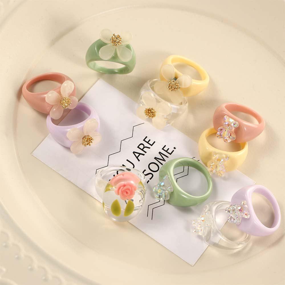 

Women Retro Korean Bear Rose Flower Fashion Jewelry Finger Ring Acrylic Resin Ring