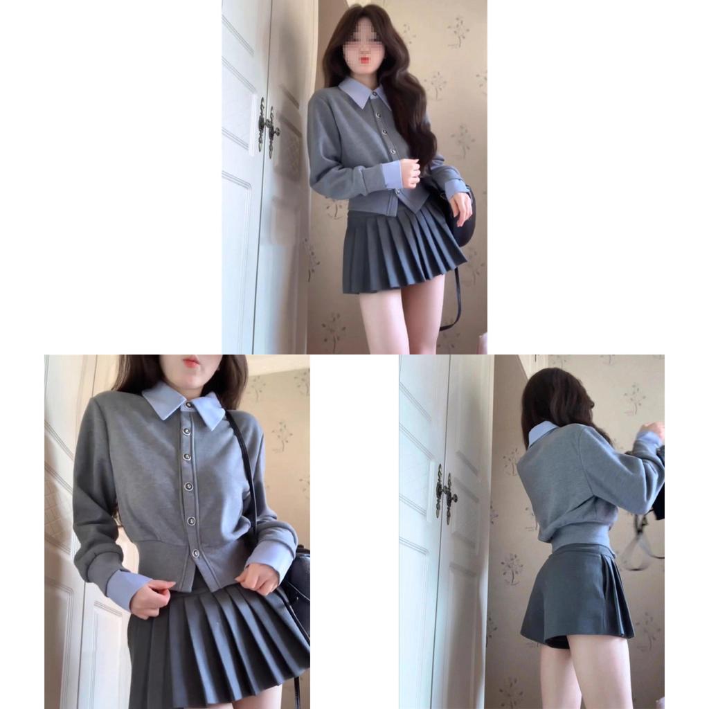 French Sweet Style Girl Long Sleeve Top And Short Skirt Set For Fall Fashion