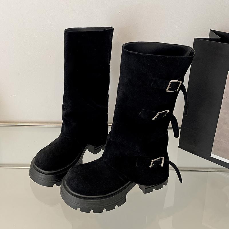 Móda Móda Vintage Spona na opasek Žena Rytířské boty Módní Platforma Silný podpatek Nazouvací Poloviční lýtko Kotníkové boty