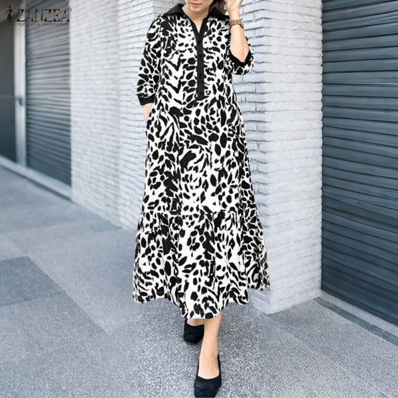 ZANZEA Women Casual Turn Down Collar Loose 3/4 Sleeve Retro Print Long Dress