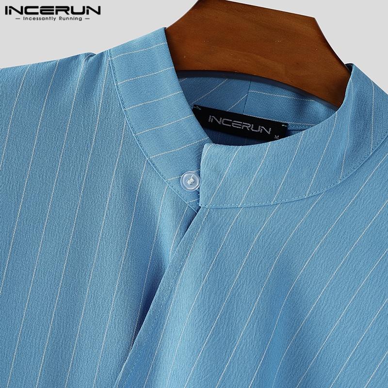 INCERUN Men Stand Neck Half Sleeve Irregular Front Cross Striped Casual Shirts Tops
