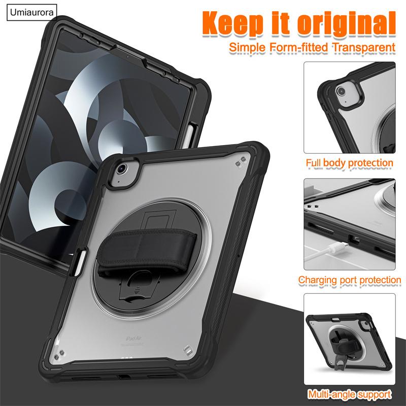 For IPad Air 4 5 10.9 Mini 6 Pro 11 12.9 13 Inch M2 M4 2022 2024 Tablet Case Rotating Hand Strap Stand Shockproof PC Armor Cover