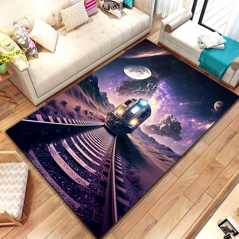 Zug Bereichsteppich für Mädchen Jungen Retro Dampfmaschine Teppich Eisenbahngleis Transport Fußmatte 3D Vintage Fahrzeuge Wohnzimmer Fußmatte