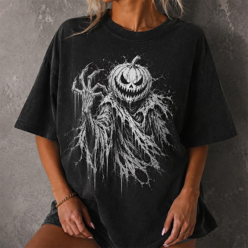 Halloweenowa Gotycka Koszulka z Duchem Męska Damska Vintage Czarna Oversize z Nadrukiem 3D T-shirt z Graficznym Czaszką Krótki Rękaw Casualowa Streetwear Góra