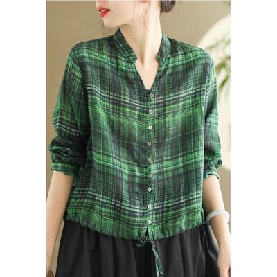 Women's Green Plaid V-Neck Shirt 3/4 Sleeve Loose-Fit Casual Blouse