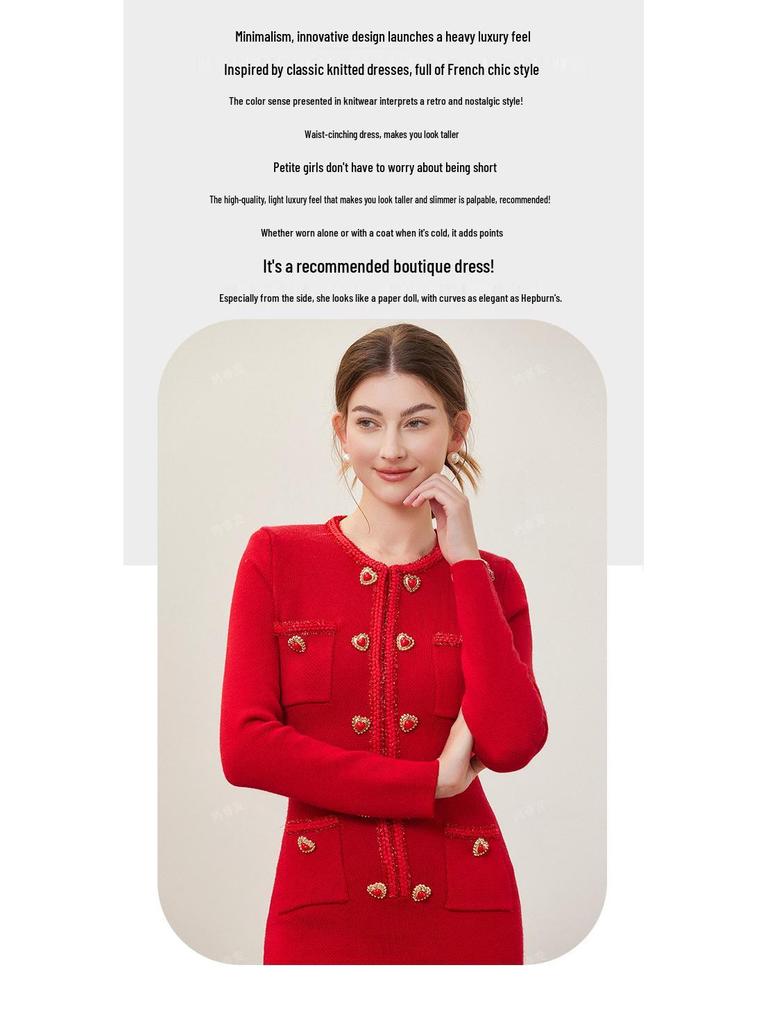 Elegant French High-End Mid-Length Knitted Dress with Heart Buckle for Early Spring