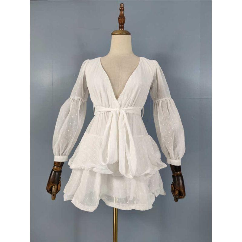 Export Single Lady Slimming Easiest for Match V Neck Lantern Long Sleeve Elegance Fashion White Summer New Arrival Dating Dress