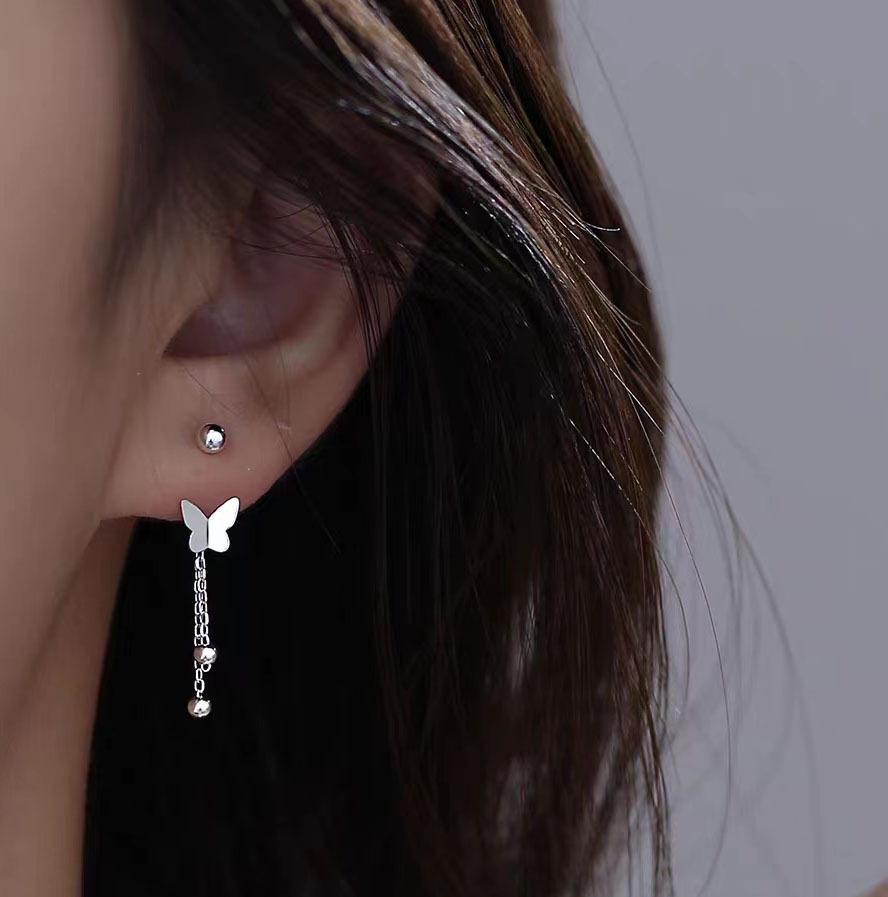 S999 Silver Butterfly Tassel Earrings: High-End, Luxurious Dangle Design with Screw Fastener - 2023 Trend