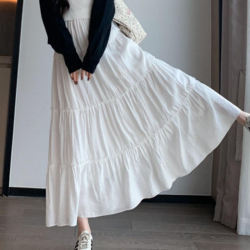 Spring Summer Women Long Skirts Fashion High Waist Elastic Patchwork A-Line Skirt Casual All-Match White Cake Maxi Skirts Female