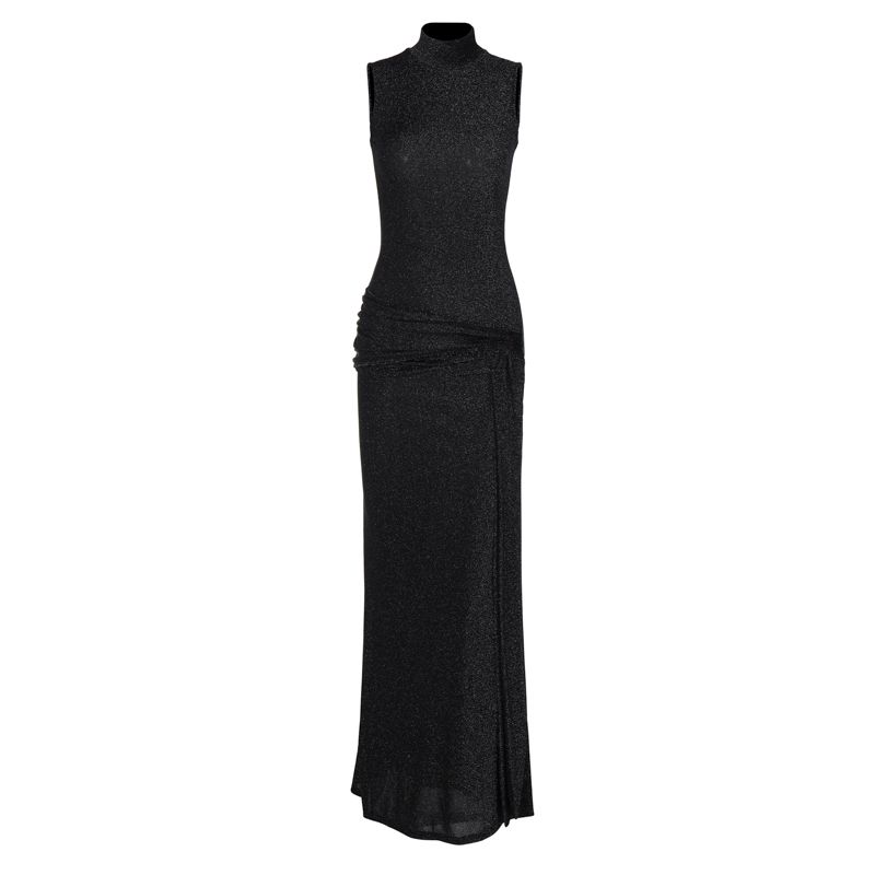

Glossy Black Half Turtleneck Silm Sleeveless Dress Black S