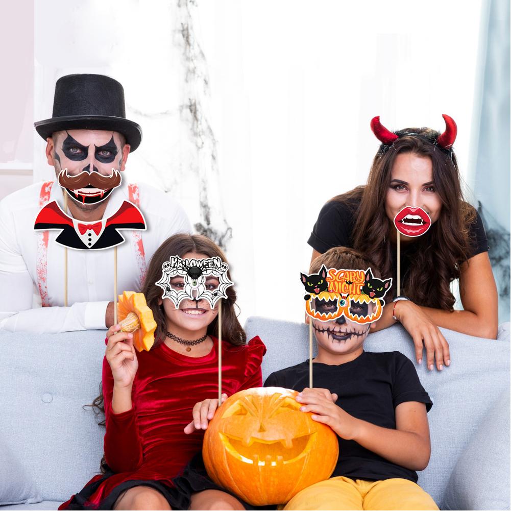 30PCS Halloween Photo Booth Props Kit Scary Party Decor Supplies Pumpkin Skull Glasses Photobooth Accessories For Halloween