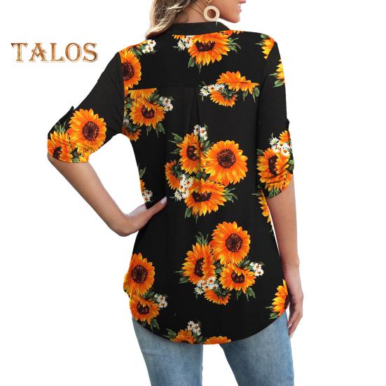 Women Shirt V-neck 3/4 Roll-Up Sleeves Lightweight Tops Flower Print Flowy Hem Tunic Tops Daily Wear
