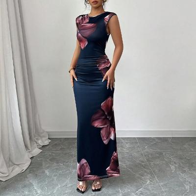 Women's European American Style Sleeveless Bodycon Print Maxi Dress Sheath Party Evening Long Dress