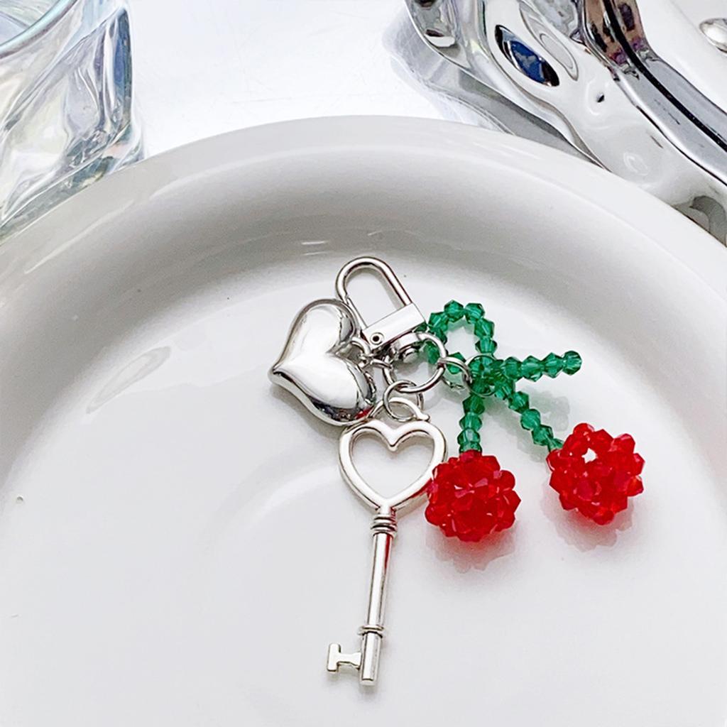 Handmade Crystal Cherrys Heart Lock Keychain Stylish Woven Charm Pendant for Fashionable Women Ladies Daily Use