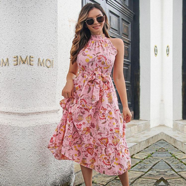 Vintage Halter Sleeveless Long Dress Women Lace Up Strap Print Spring Summer Holiday S-XL