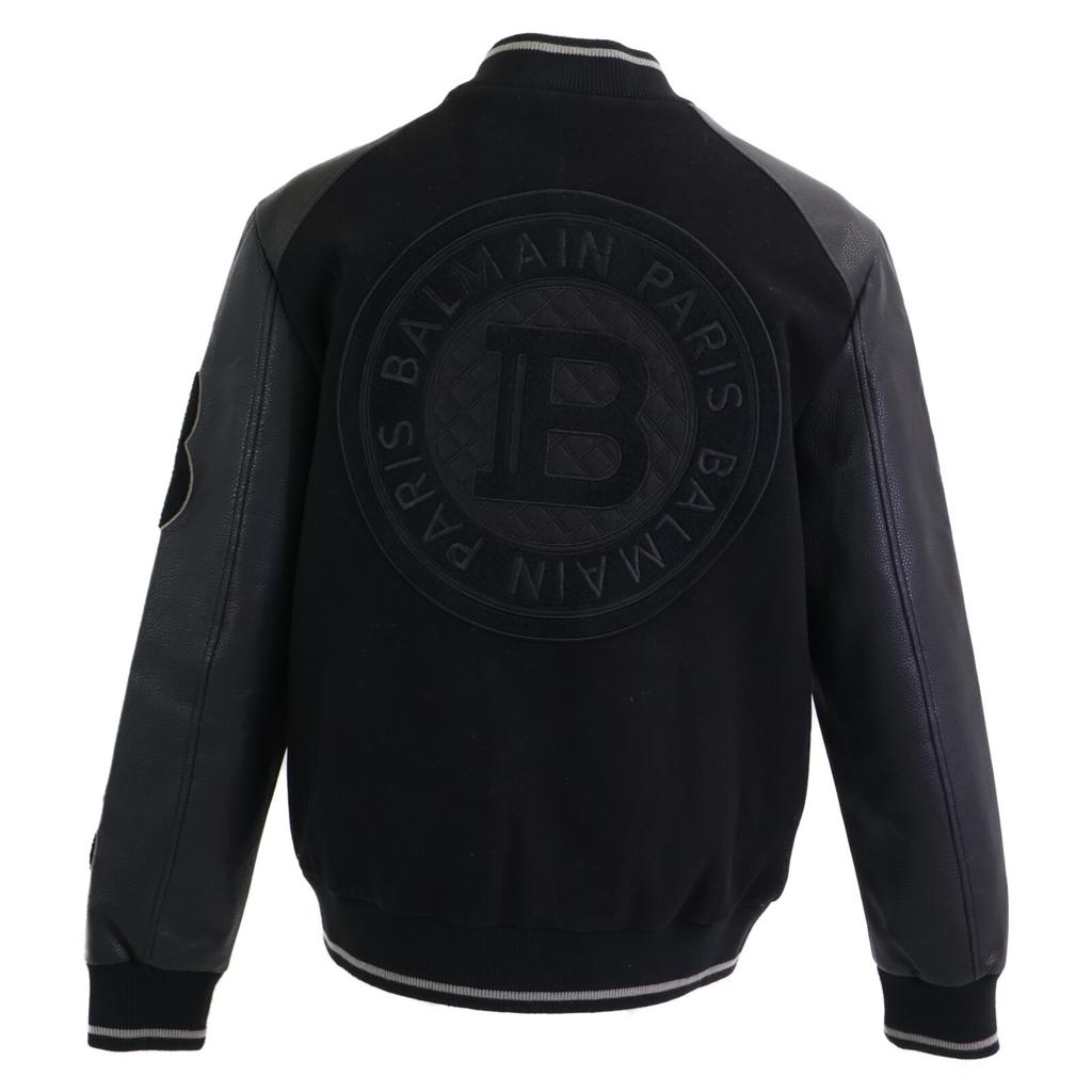 BALMAIN [Excellent Condition] 331025 Wool and Leather Switch Logo Stadium Jacket/ Jacket 54 blackUsed