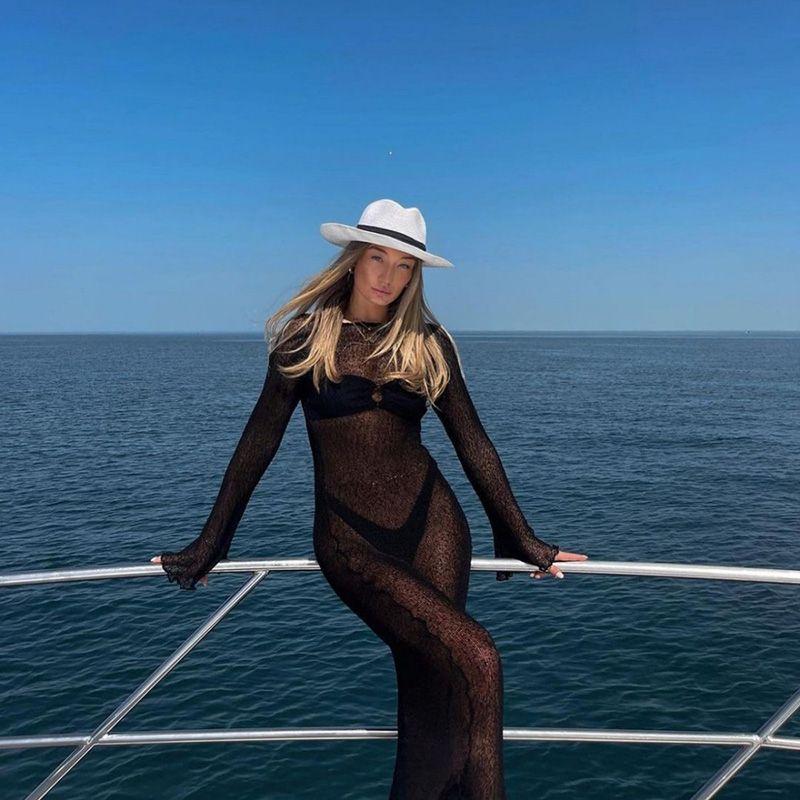 

Fashion Style Women s New 2023 Summer See-through Sexy Vacation Blouse Bare Back Pure Color Long Sleeves Knitting Long Dress Black L