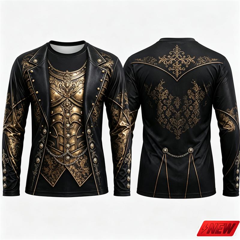 Gothic Vampire Costume Long Sleeve T‑Shirt Men 3D Print Fake Jacket Shirt Graphic Novelty Tee Halloween Cosplay Party Top