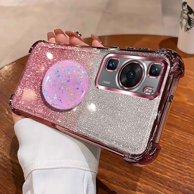 

For Huawei P60 P50 P40 Pura 80 P70 Pro ultra pro+ Phone Case With Holder Shockproof Full Protection P60Pro Bumper Shiny Cover Silicon&Case & Holder&Huawei Pura 80 Ultra розовый