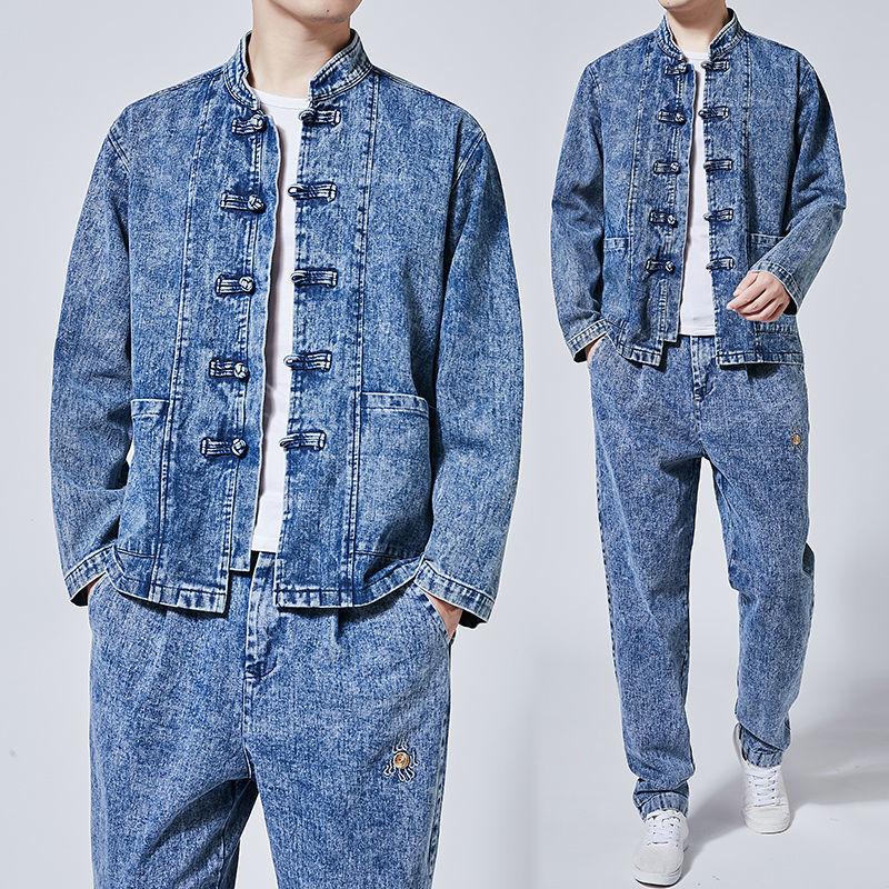 Stand Collar Washed Denim Set Men Chinoiserie Youth Casual Streetwear Tangzhuang Men's Denim Jacket and Jeans