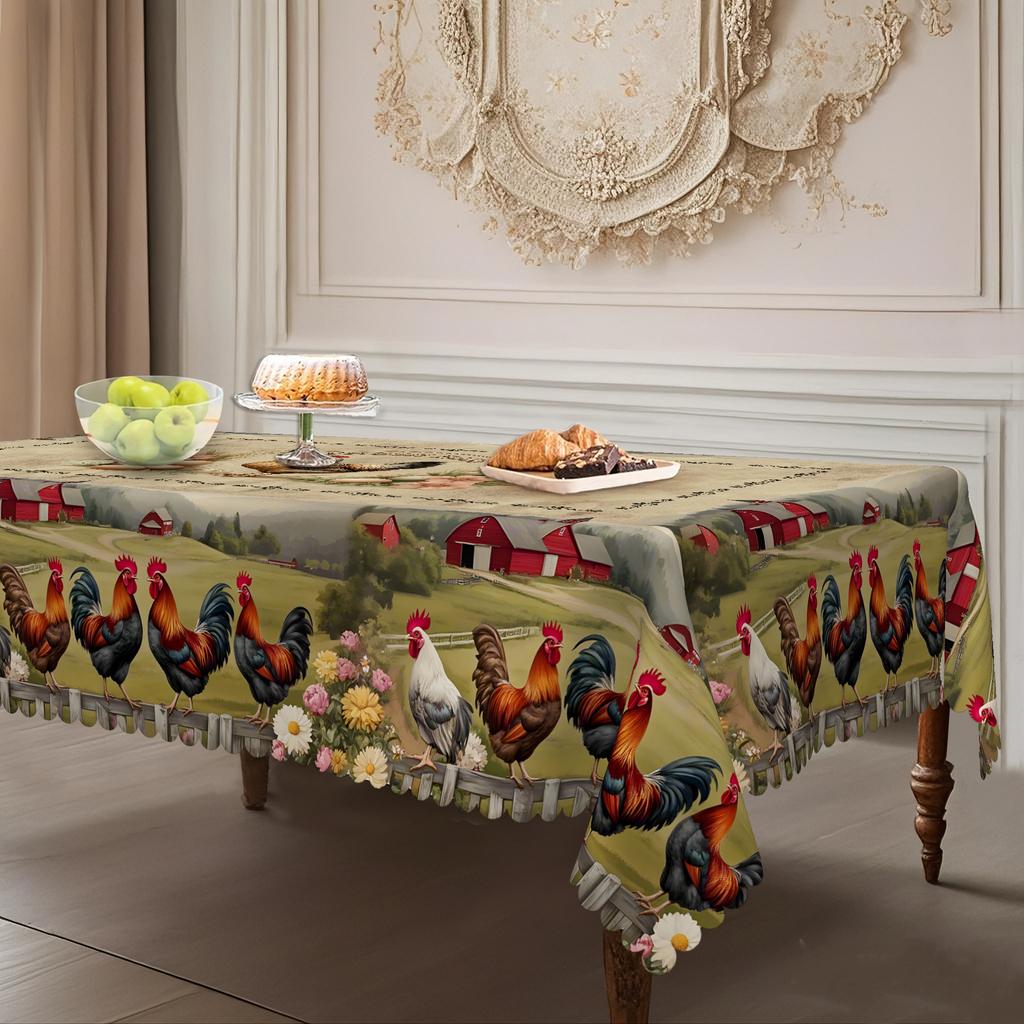 Vintage Rural Pastoral Tablecloth Egg Rooster Pastoral Print Round Rectangular Dining Table Cloth Waterproof Household Dining Table Cloth