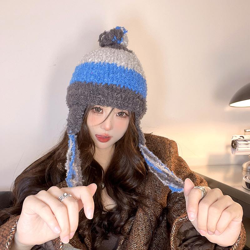 Hat Women's Autumn and Winter Big Head Circumference Warm Lei Feng Hat Wool Circle Velvet Ear Protection Knitted Cold Hat Striped Wool Hat