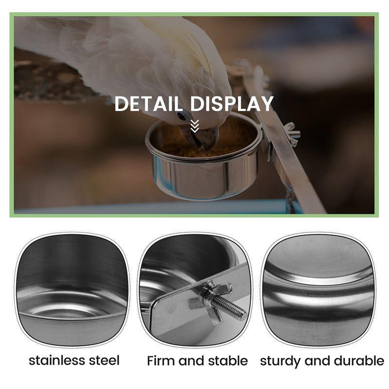 A25F-3-Piece Bird Feeder Cup Stainless Steel Parrot Feeder Cup Animal Cage Water Food Bowl S