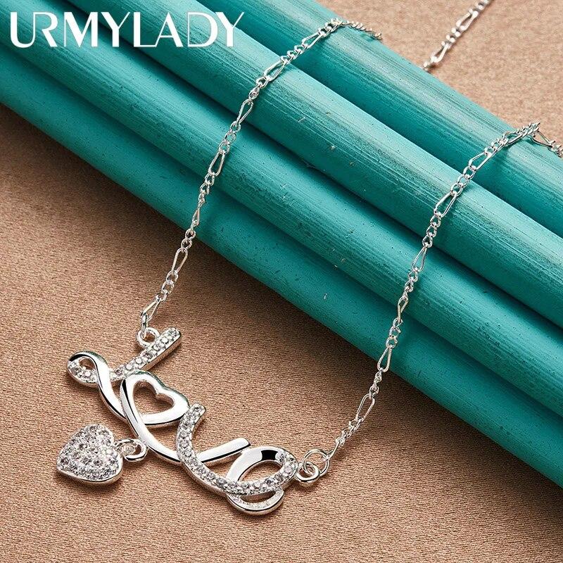 URMYLADY 925 Sterling Silver LOVE Heart Pendant Necklace For Women Wedding Party Fashion Charm Jewelry