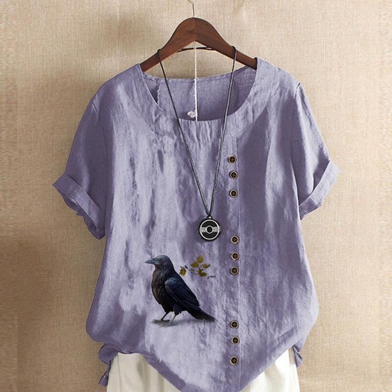 Damska Moda Okrągły Dekolt Krótki Rękaw T-shirt Casual Bawełna Len Koszulka z Graficznym Nadrukiem Rekreacyjna Luźna Krucza Bluzka Letnia Top